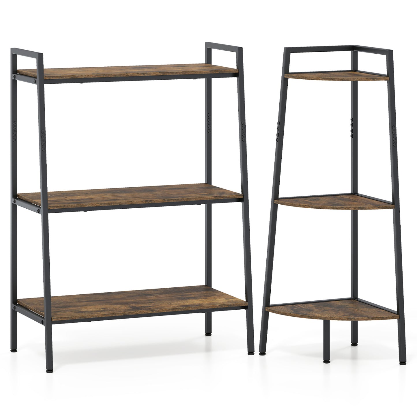 3-Tier Ladder Shelf and Corner Shelf Set with Metal Frame-Rusticbrown