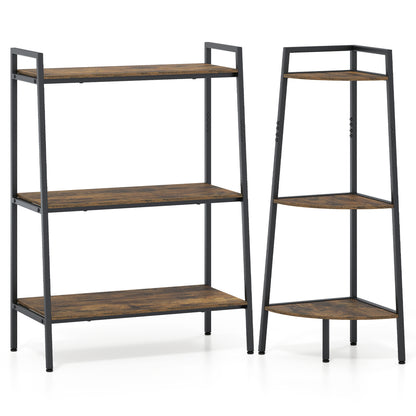 3-Tier Ladder Shelf and Corner Shelf Set with Metal Frame-Rusticbrown