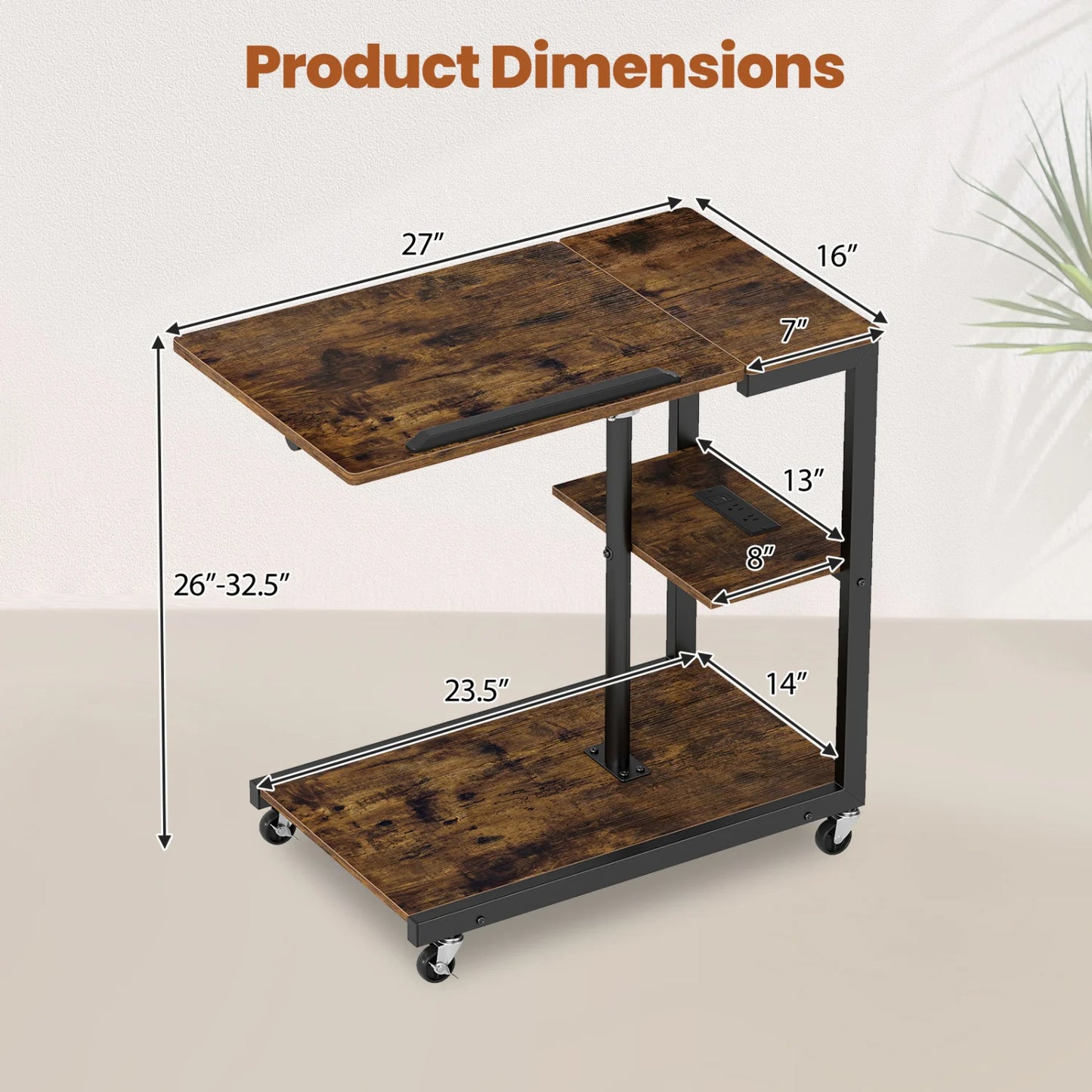 3-Tier Mobile Couch Side Table with Tiltable Tabletop-1 Piece