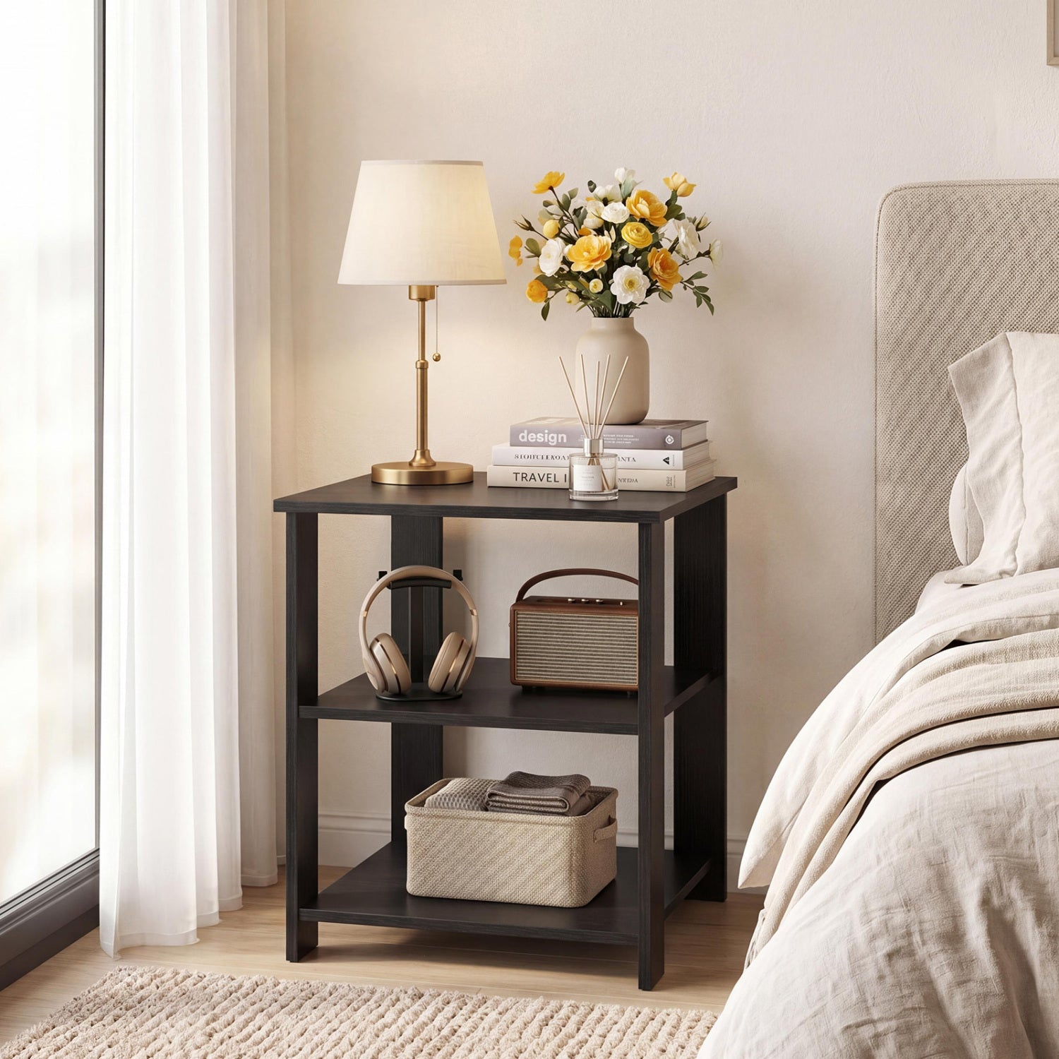 Black 3-tier modern nightstand with open storage shelves, square side table for living room, by Wilsons Home Store