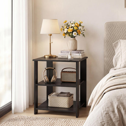 Black 3-tier modern nightstand with open storage shelves, square side table for living room, by Wilsons Home Store