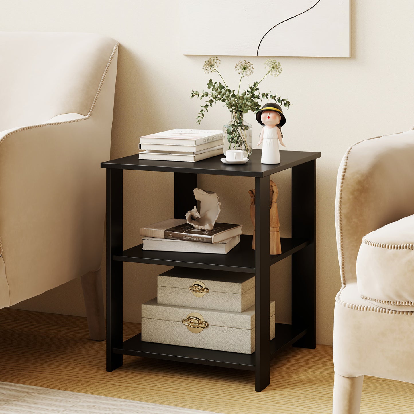 Black 3-tier modern nightstand with open storage shelves, square side table for living room use.
