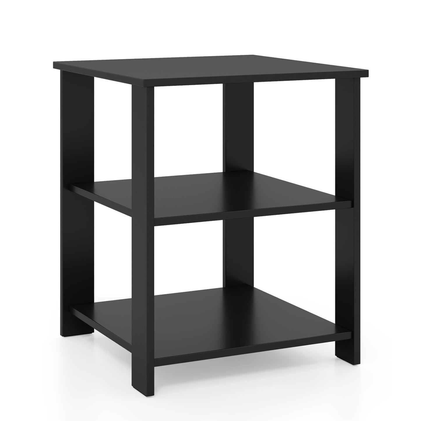 Black 3-tier modern nightstand with open storage shelves, square side table for living room, by Wilsons Home Store