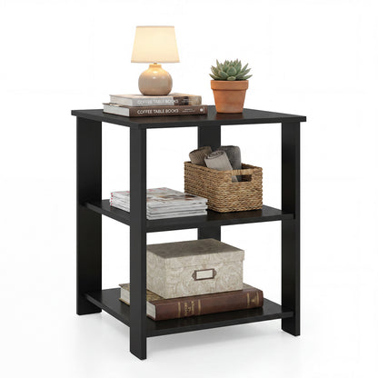 Black 3-tier modern nightstand with open storage shelves, square side table for living room, by Wilsons Home Store