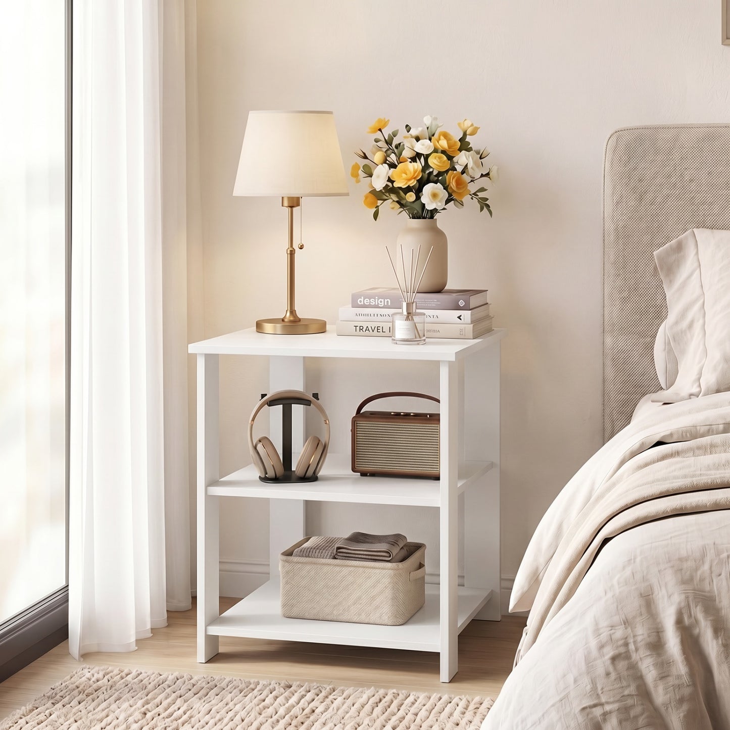 Black 3-tier modern nightstand with open storage shelves, square side table for living room, by Wilsons Home Store