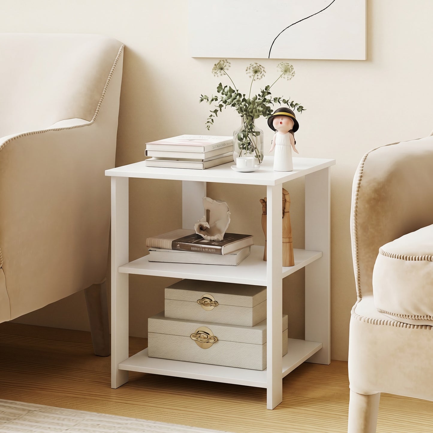 Black 3-tier modern nightstand with open storage shelves, square side table for living room use.