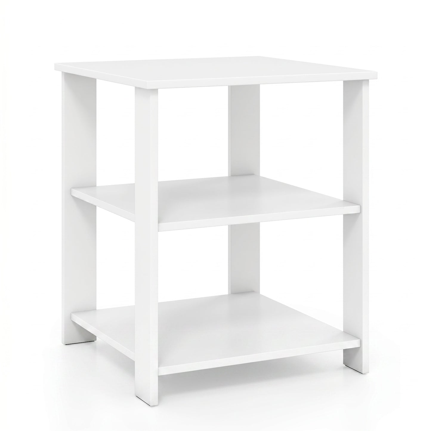 Modern black 3-tier nightstand with open storage shelves, square side table for living room, by Wilsons Home Store