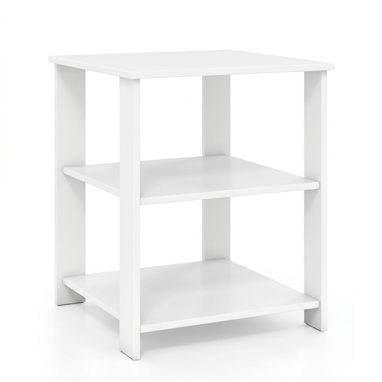 Modern black 3-tier nightstand with open storage shelves, square side table for living room, by Wilsons Home Store