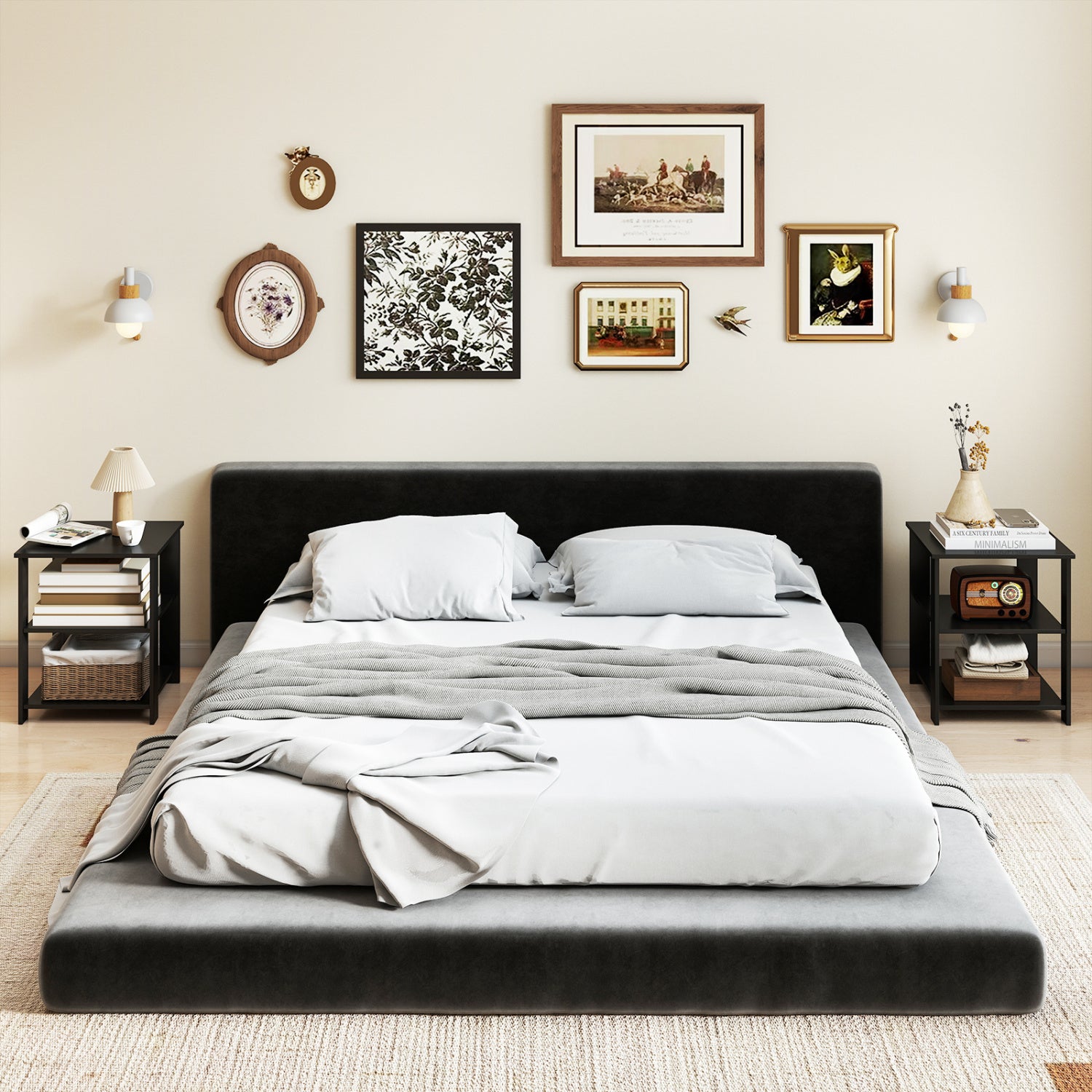 Set of two black 3-tier modern nightstands with open storage shelves, square side tables for living room use.
