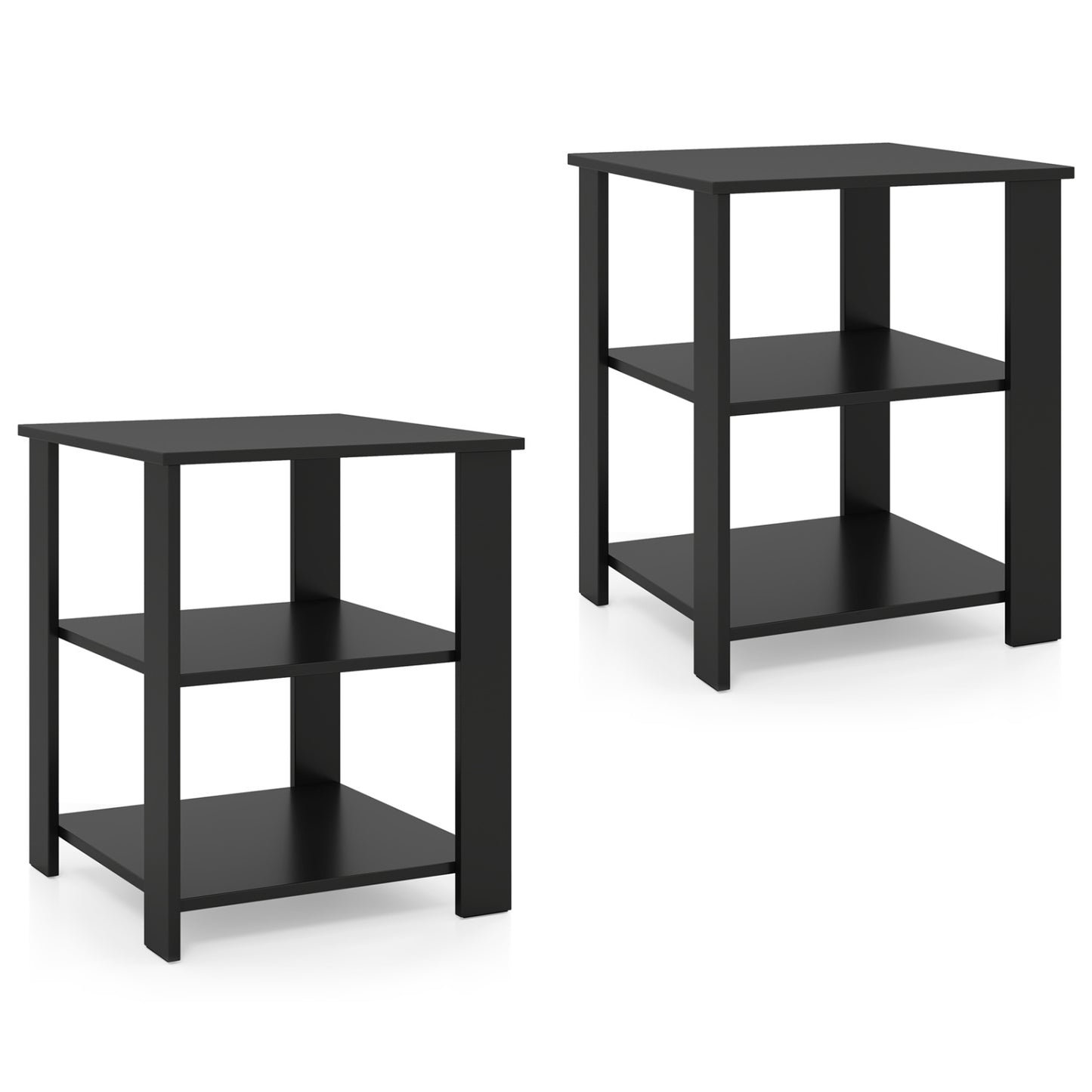Set of two black 3-tier modern nightstands with open storage shelves, square side tables for living room use.