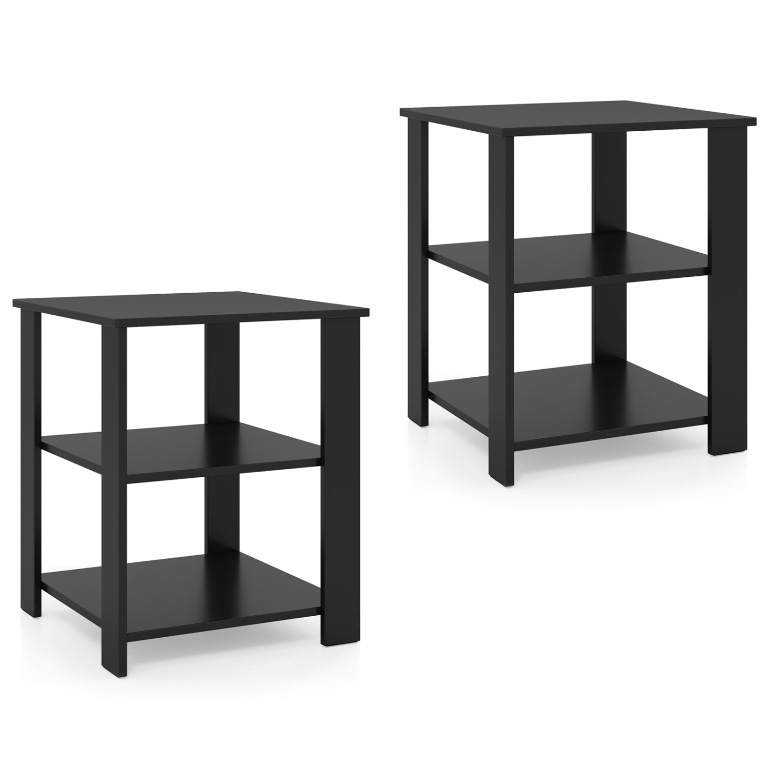 Set of two black 3-tier modern nightstands with open storage shelves, square side tables for living room use.