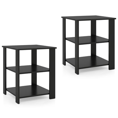 Set of two black 3-tier modern nightstands with open storage shelves, square side tables for living room use.