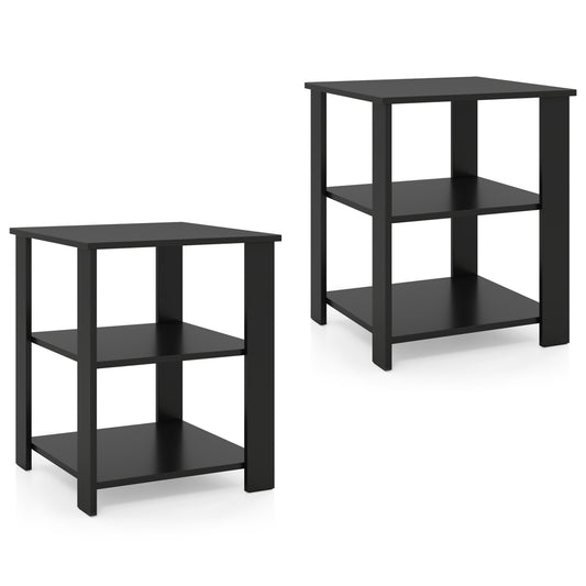 Set of two black 3-tier modern nightstands with open storage shelves, square side tables for living room use.