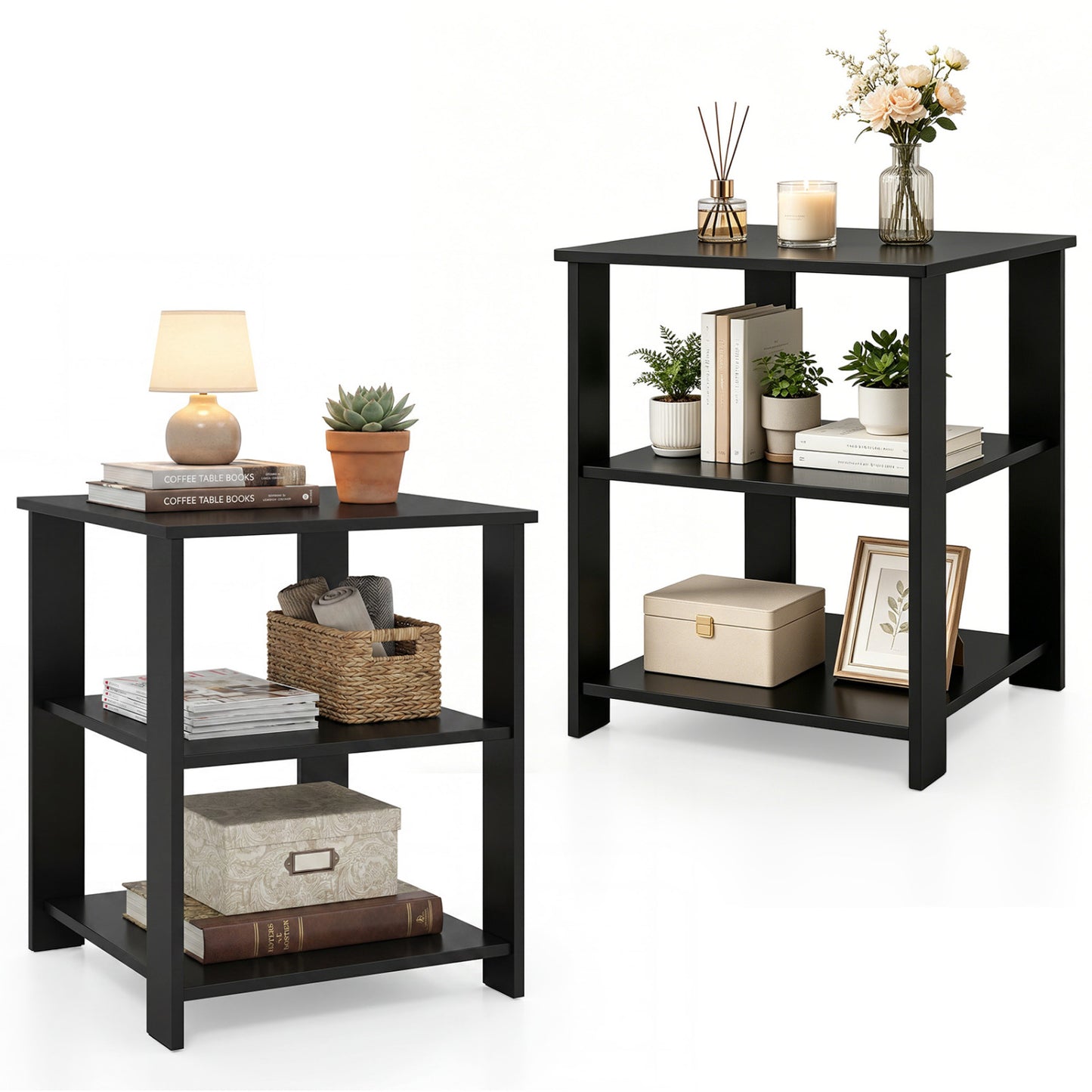 Set of two black 3-tier modern nightstands with open storage shelves, square side tables for living room use.