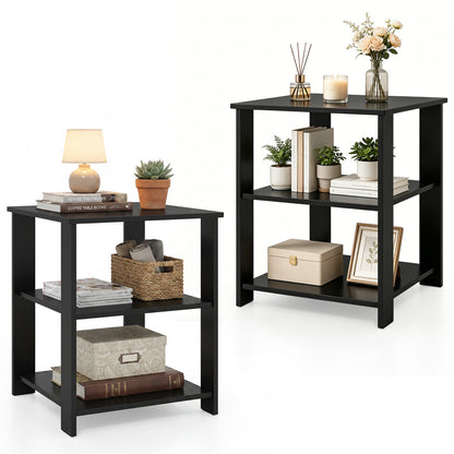 Set of two black 3-tier modern nightstands with open storage shelves, square side tables for living room use.