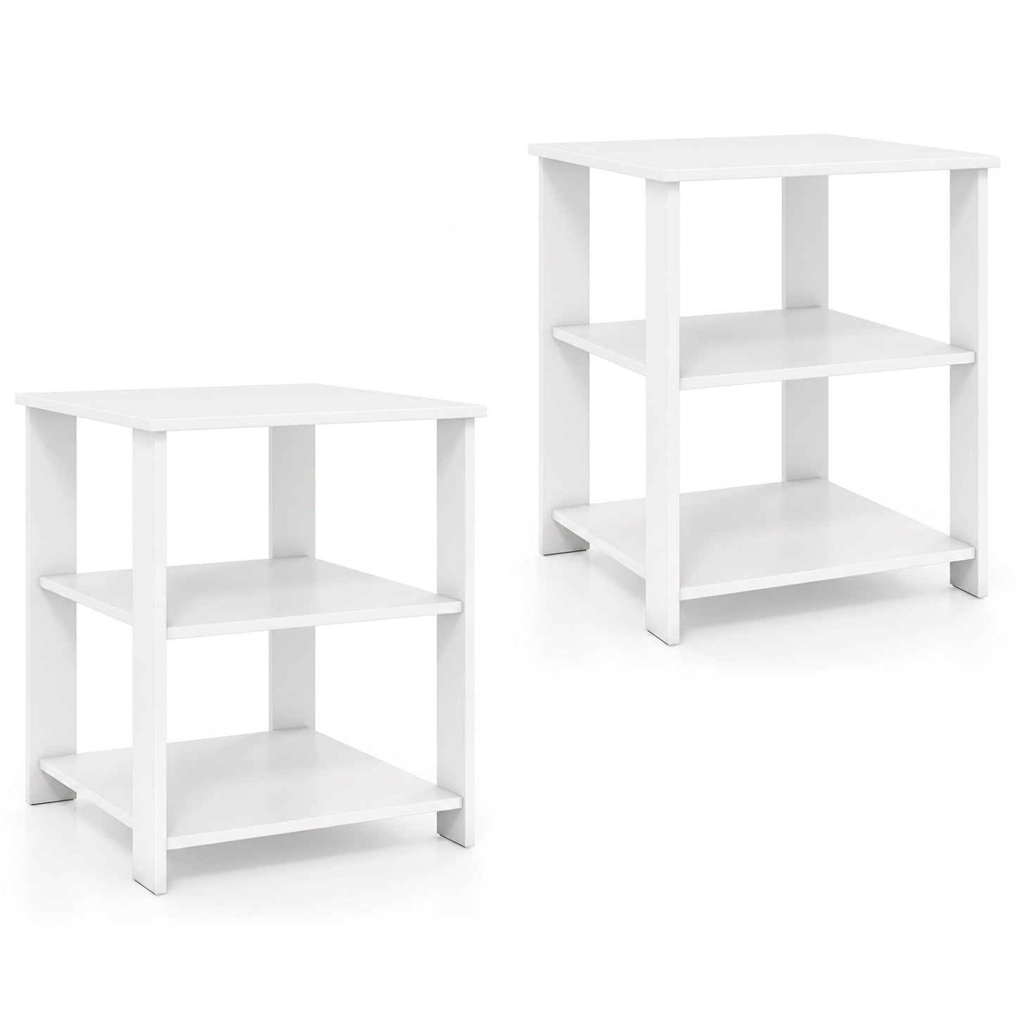 Set of two black 3-tier modern nightstands with open storage shelves, square side tables for living room use.