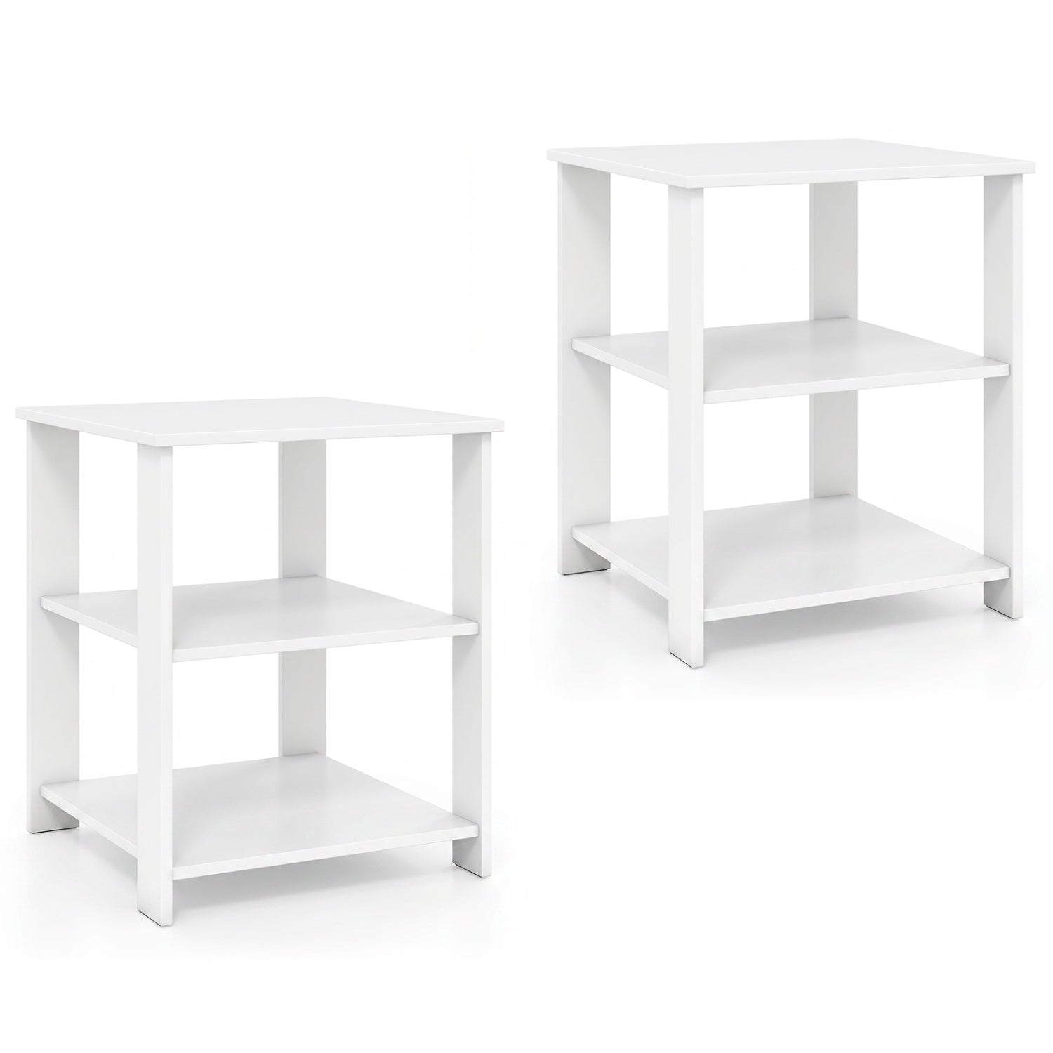Set of two black 3-tier modern nightstands with open storage shelves, square side tables for living room use.