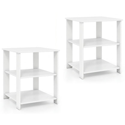 Set of two black 3-tier modern nightstands with open storage shelves, square side tables for living room use.