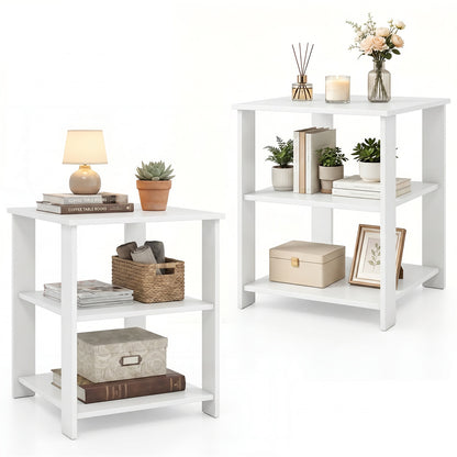 Set of two black 3-tier modern nightstands with open storage shelves, square side tables for living room decor.