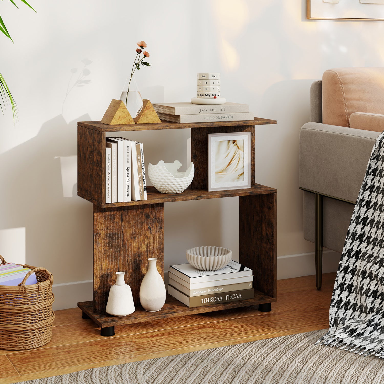 Rustic brown 3-tier modern S-shaped bookshelf with adjustable feet, ideal for home office storage and stylish organization.
