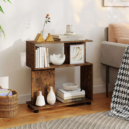 Rustic brown 3-tier modern S-shaped bookshelf with adjustable feet, ideal for home office storage and stylish organization.