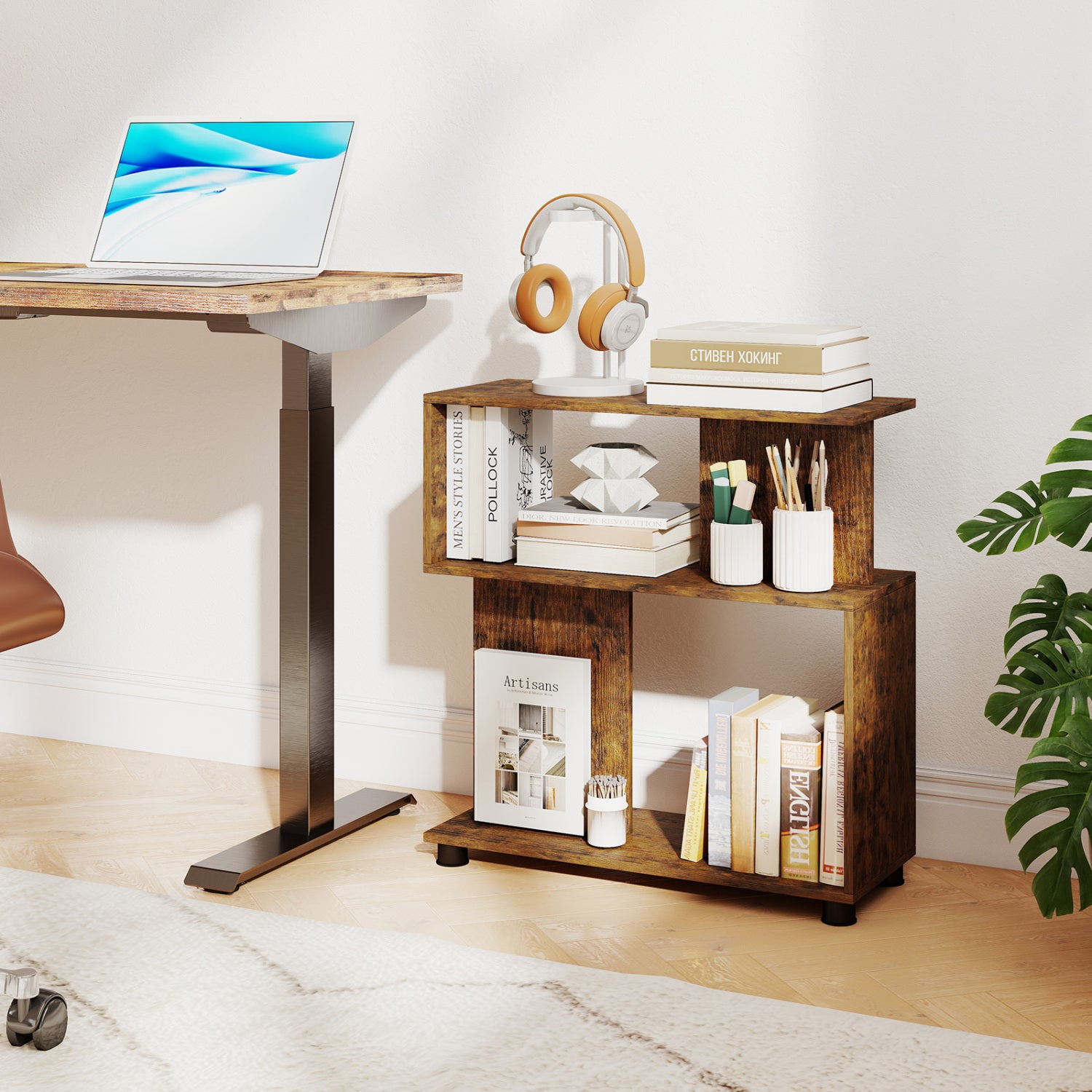 Rustic brown 3-tier S-shaped bookshelf with adjustable feet, modern design, ideal for home office storage and organization.