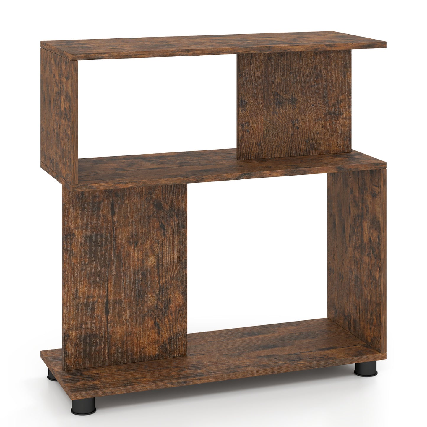 Rustic brown 3-tier modern S-shaped bookshelf with adjustable feet, ideal for home office storage and stylish organization.
