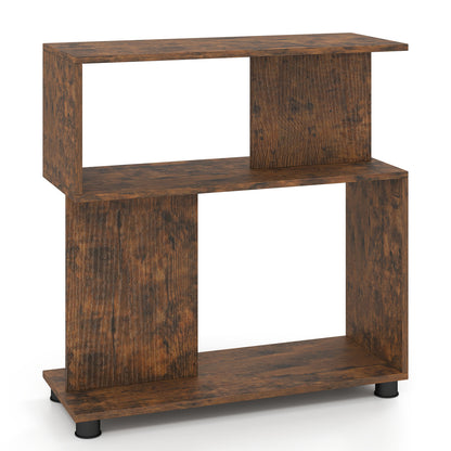 Rustic brown 3-tier modern S-shaped bookshelf with adjustable feet, ideal for home office storage and stylish organization.