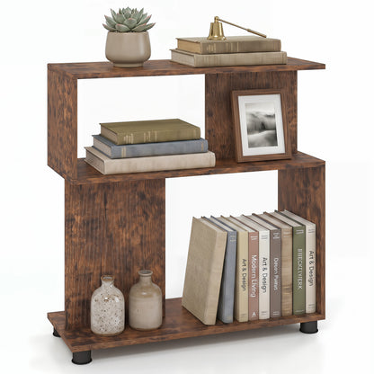 Rustic brown 3-tier S-shaped bookshelf with adjustable feet, modern design, ideal for home office storage or living room decor.