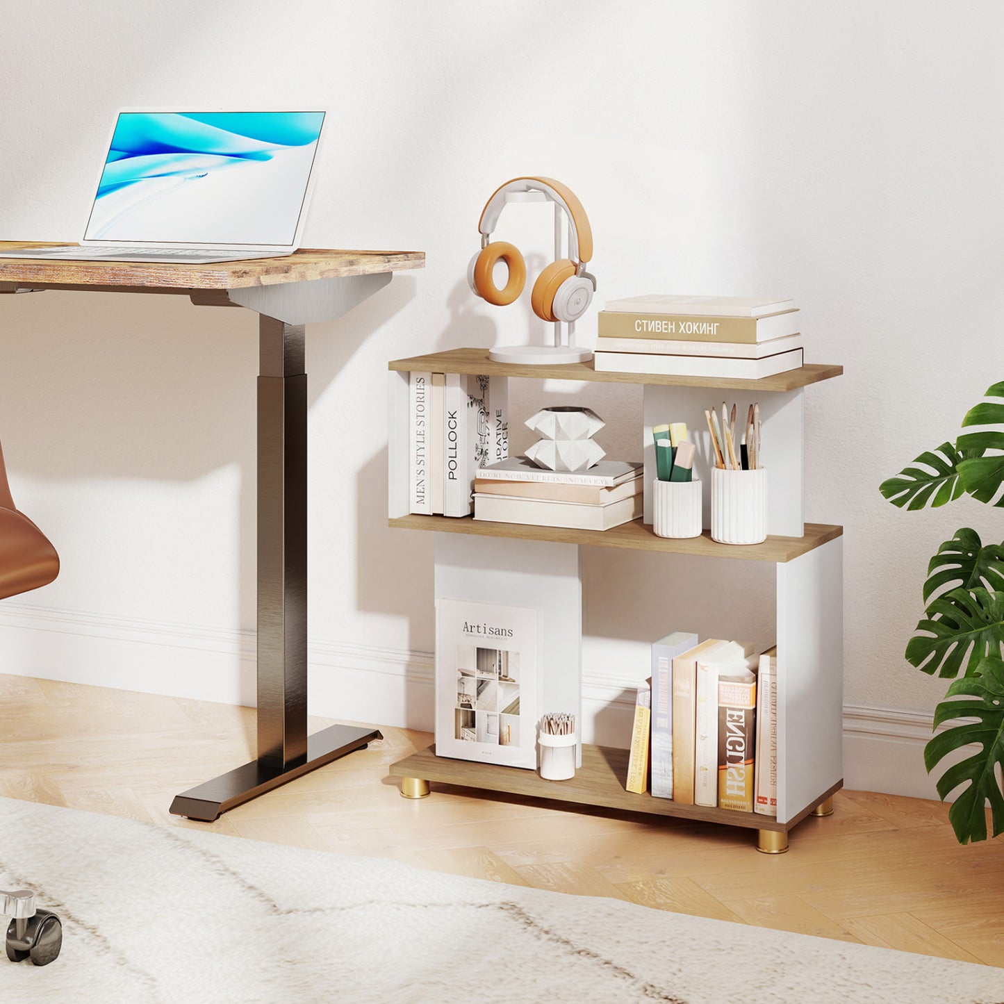 Rustic brown 3-tier modern S-shaped bookshelf with adjustable feet, ideal for home office storage and stylish organization.