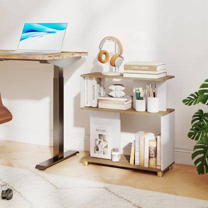 Rustic brown 3-tier modern S-shaped bookshelf with adjustable feet, ideal for home office storage and stylish organization.