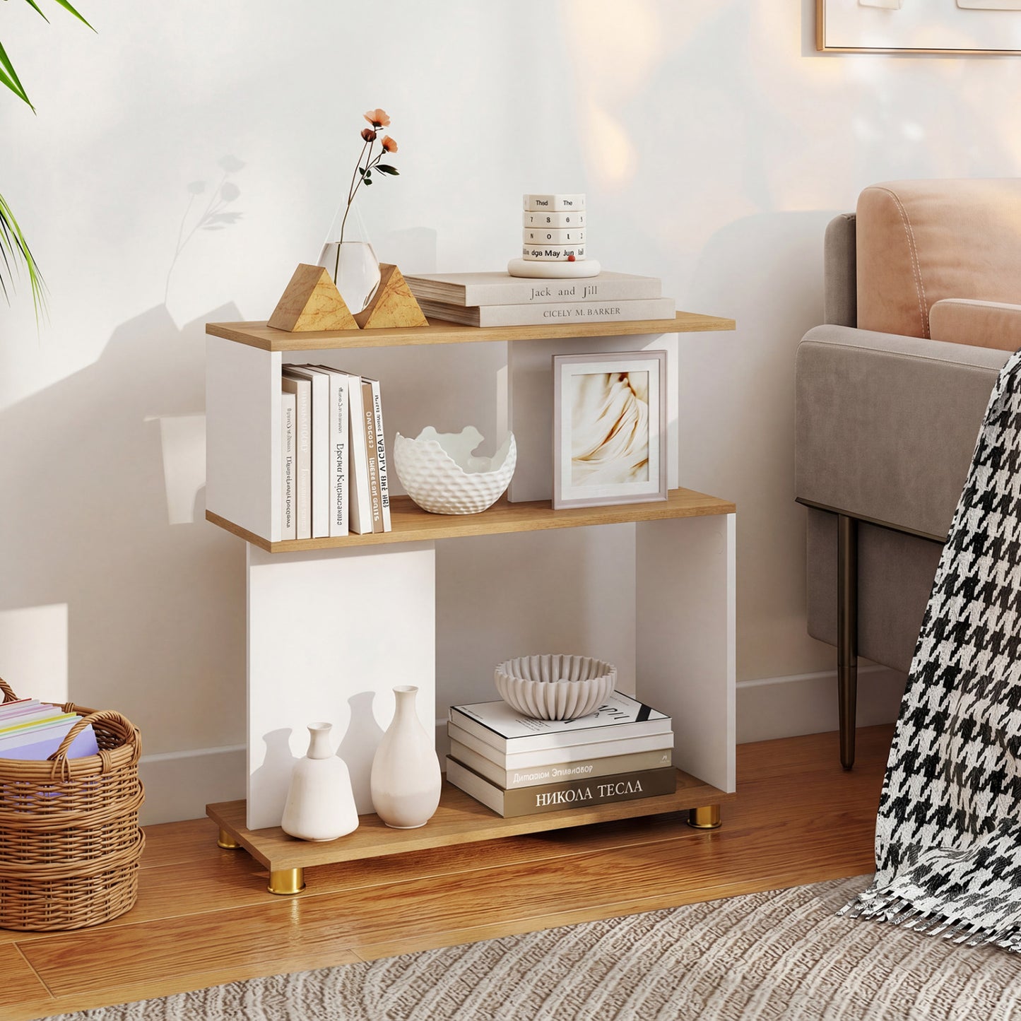 Modern 3-tier S-shaped bookshelf from Wilsons Home Store in rustic brown with adjustable feet, ideal for home office storage.