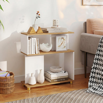 Modern 3-tier S-shaped bookshelf from Wilsons Home Store in rustic brown with adjustable feet, ideal for home office storage.