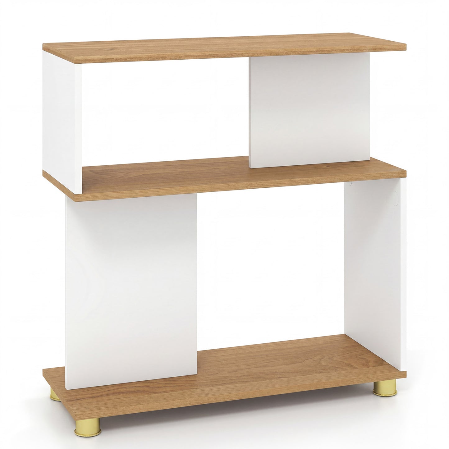 Rustic brown 3-tier S-shaped bookshelf with adjustable feet, modern design, ideal for home office storage and decor.