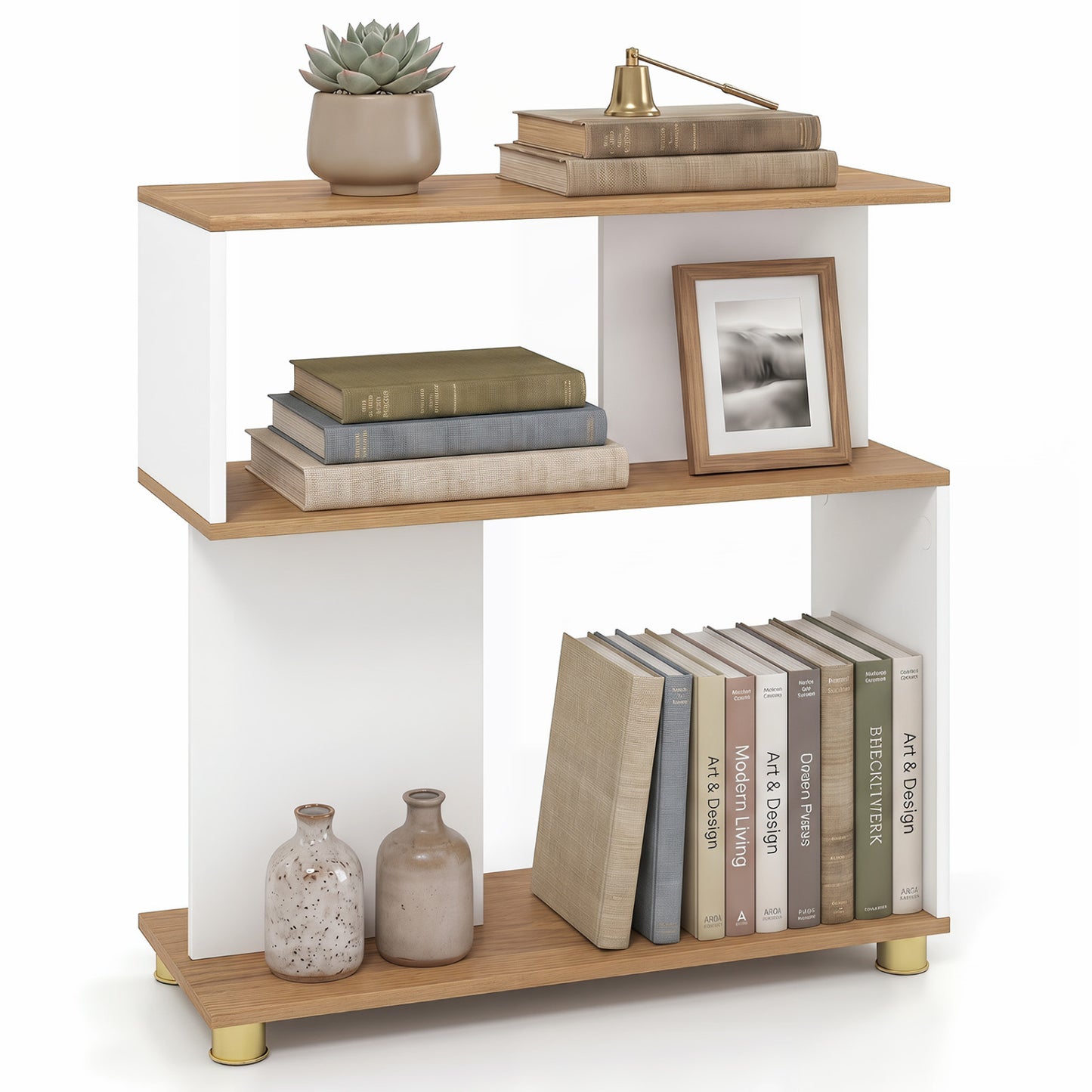 Rustic brown 3-tier modern S-shaped bookshelf with adjustable feet, ideal for home office storage and stylish organization.