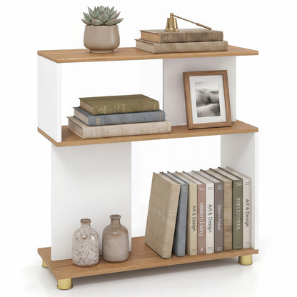 Rustic brown 3-tier modern S-shaped bookshelf with adjustable feet, ideal for home office storage and stylish organization.