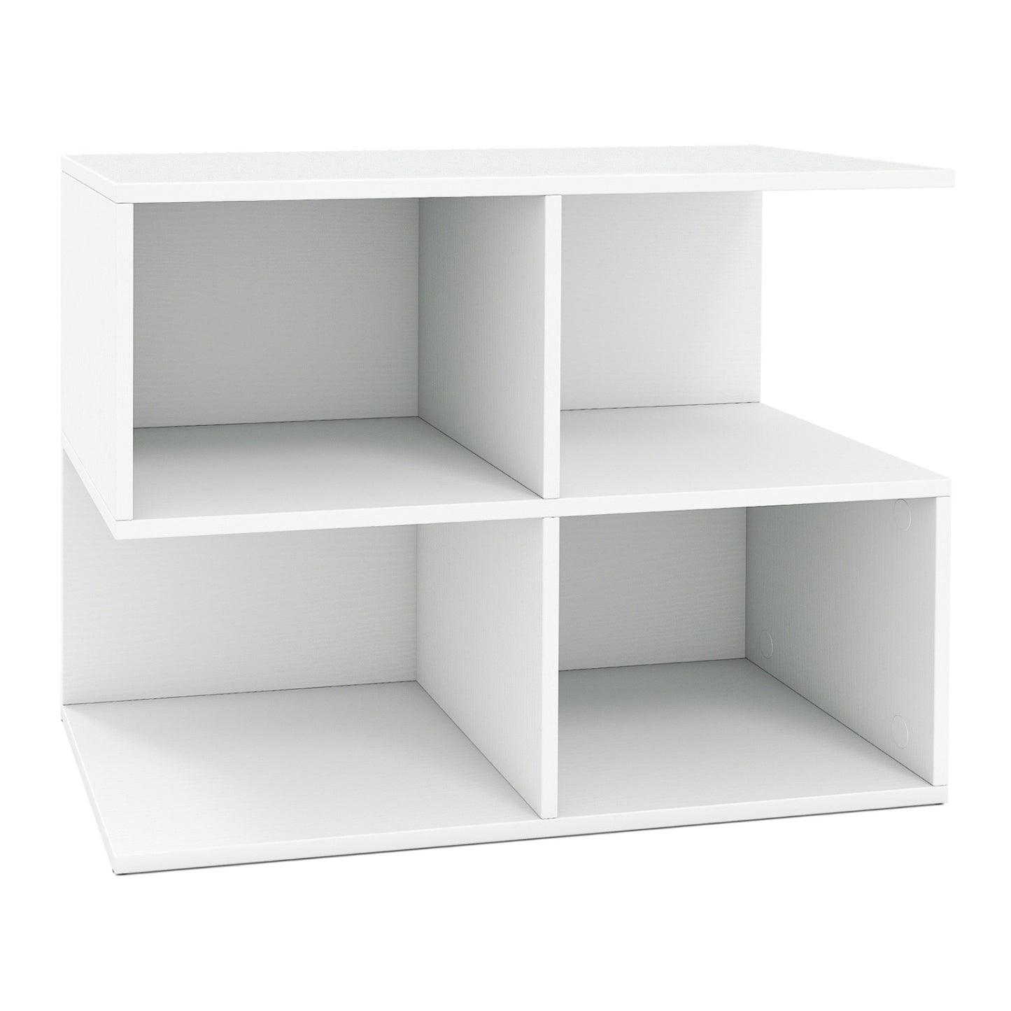Modern white 3-tier S-shaped end table with four storage cubes, ideal for living room organization and stylish décor.