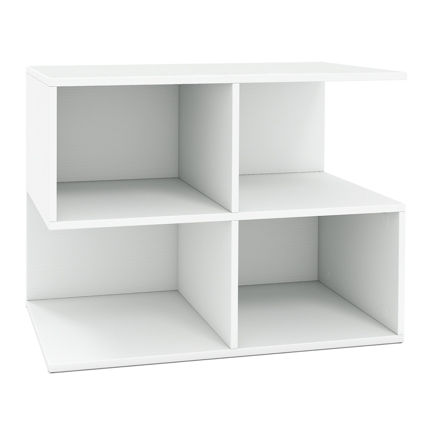 Modern white 3-tier S-shaped end table with four storage cubes, ideal for living room organization and stylish décor.