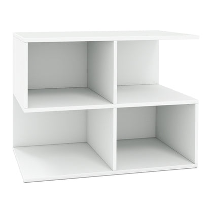 Modern white 3-tier S-shaped end table with four storage cubes, ideal for living room organization and stylish décor.