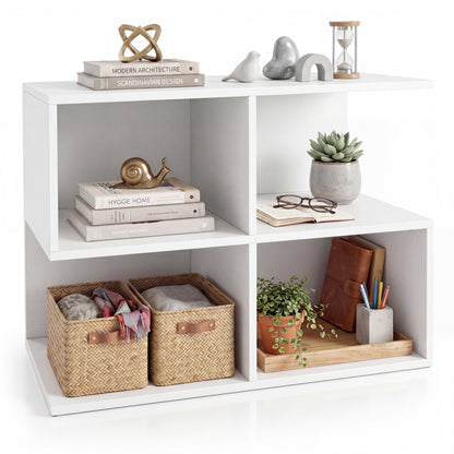 Modern white 3-tier S-shaped end table with four storage cubes, ideal for living room organization and stylish decor.