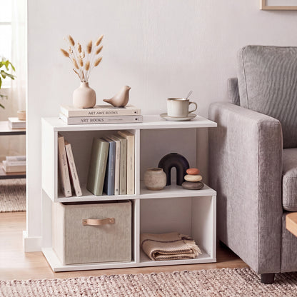Modern white 3-tier S-shaped end table by Wilsons Home Store with four storage cubes for living room organization.