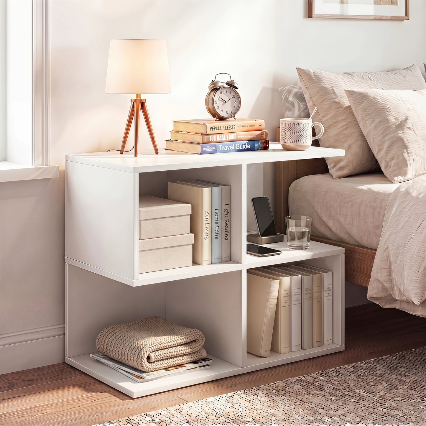 Modern white 3-tier S-shaped end table with four storage cubes, ideal for living room decor and functional storage.