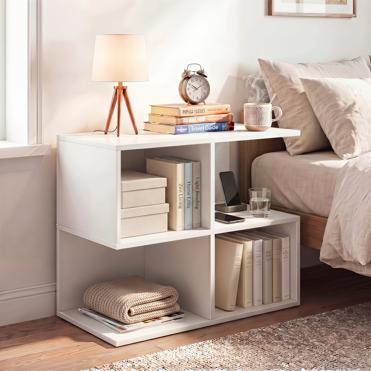 Modern white 3-tier S-shaped end table with four storage cubes, ideal for living room decor and functional storage.