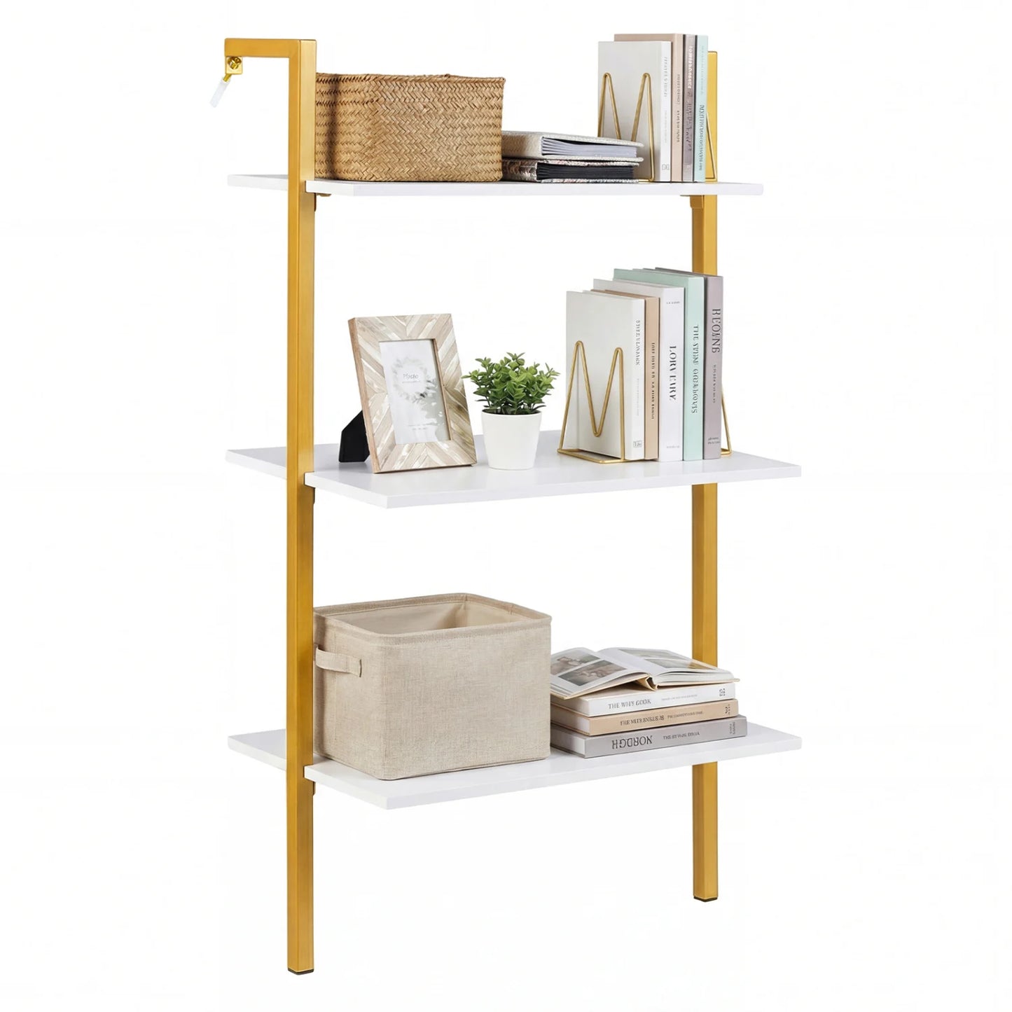 White 3-tier modern wall-mounted wooden shelving unit with metal ladder design for home office or living room storage.