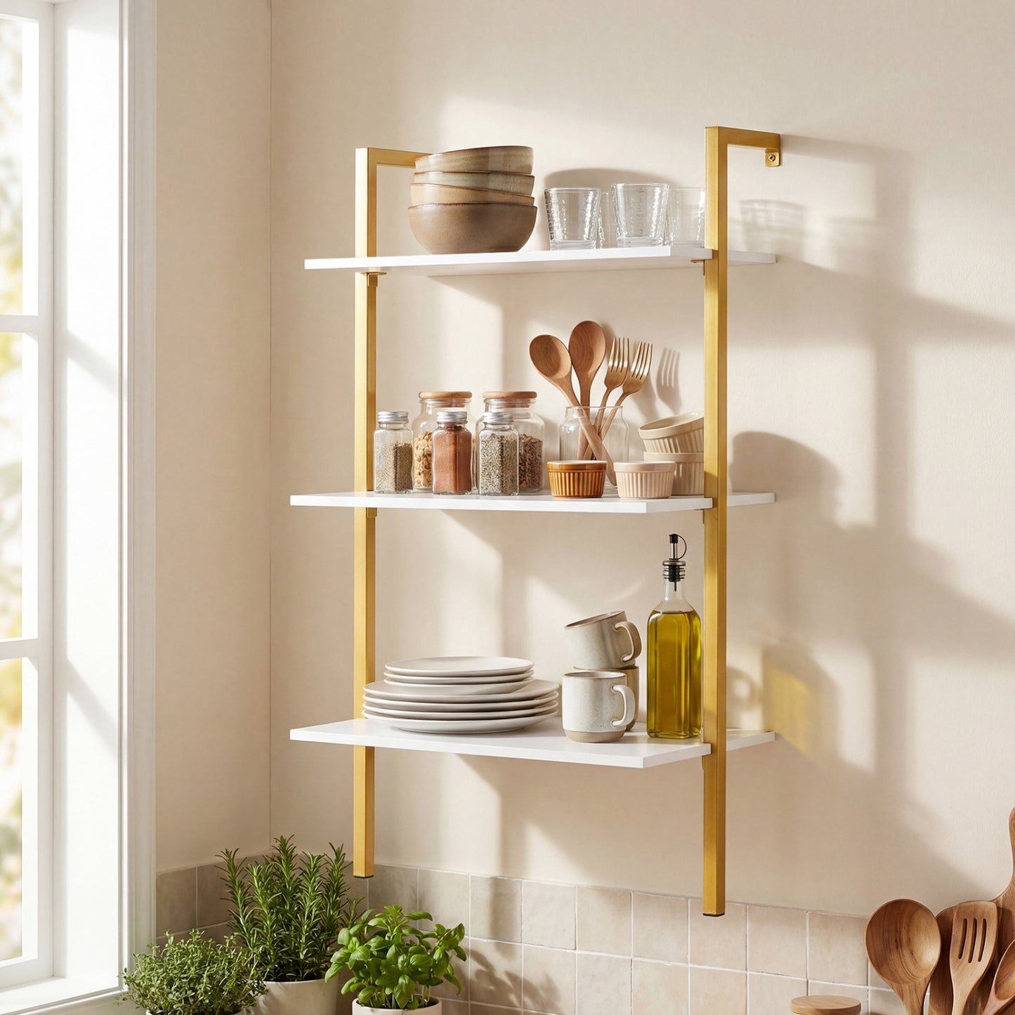 White 3-tier modern wall-mounted wooden shelving unit with metal ladder design, ideal for home office storage and decor.