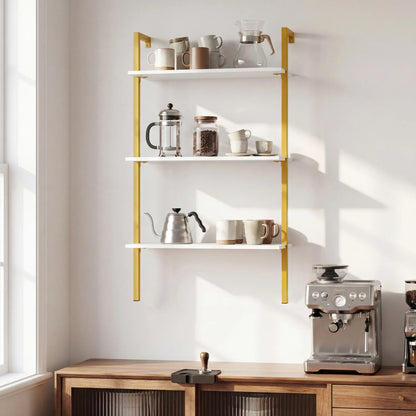 White 3-tier modern wall-mounted wooden shelving unit with metal ladder design for home office or living room storage.