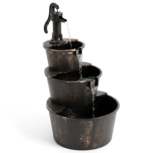 Three-tier outdoor barrel water fountain with electric pump, decorative outdoor water feature by Wilsons Home Store.