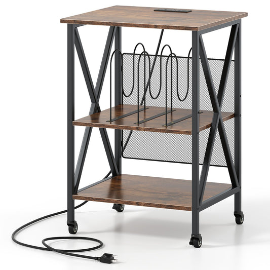 3-Tier Record Player Stand with Charging Station and Adjustable Shelf-Coffee