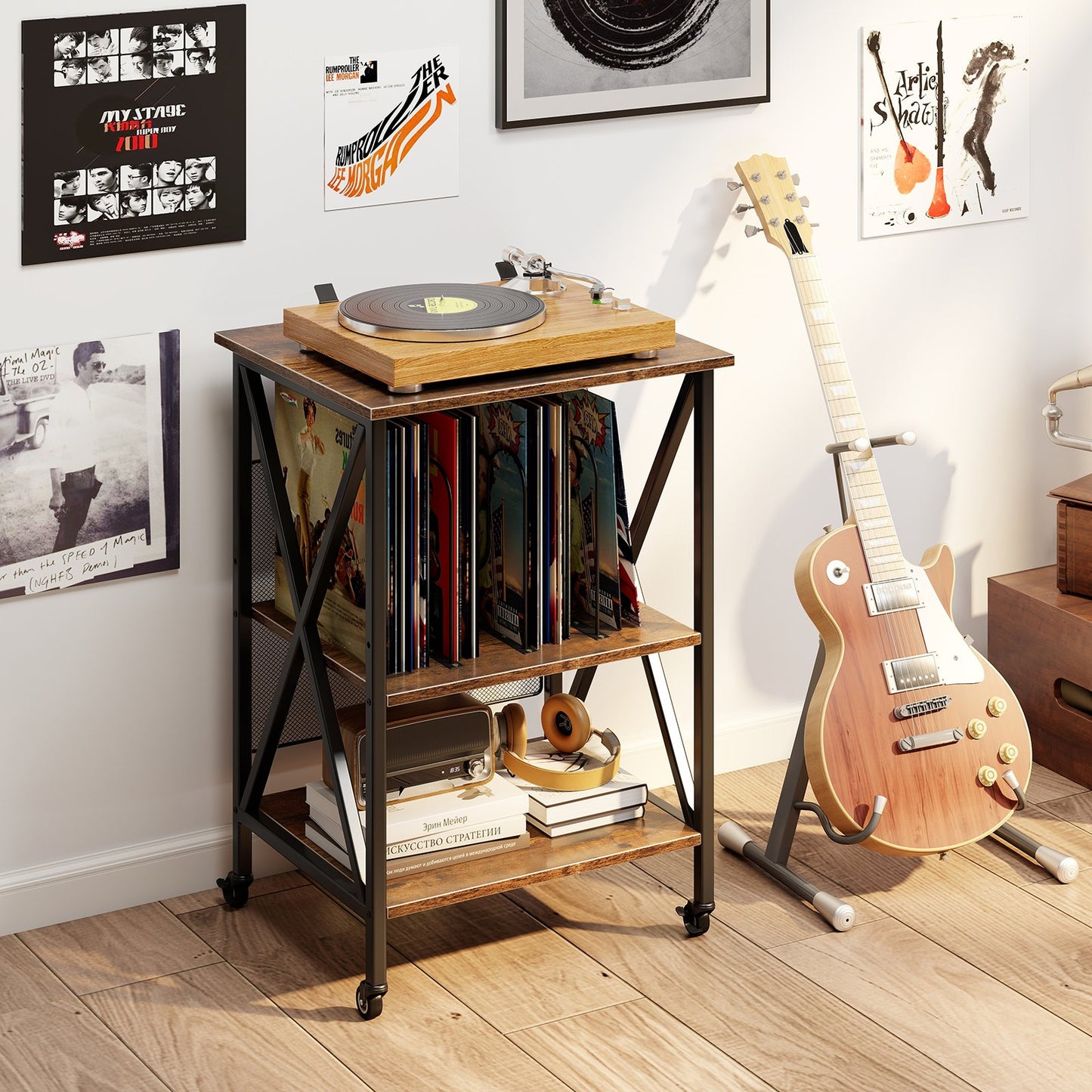 3-Tier Record Player Stand with Charging Station and Adjustable Shelf-Coffee