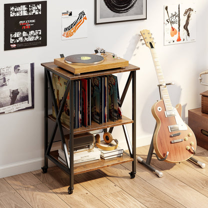 3-Tier Record Player Stand with Charging Station and Adjustable Shelf-Coffee